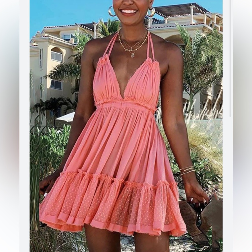 Free People Peach/Pink Ruffled Halter Dress